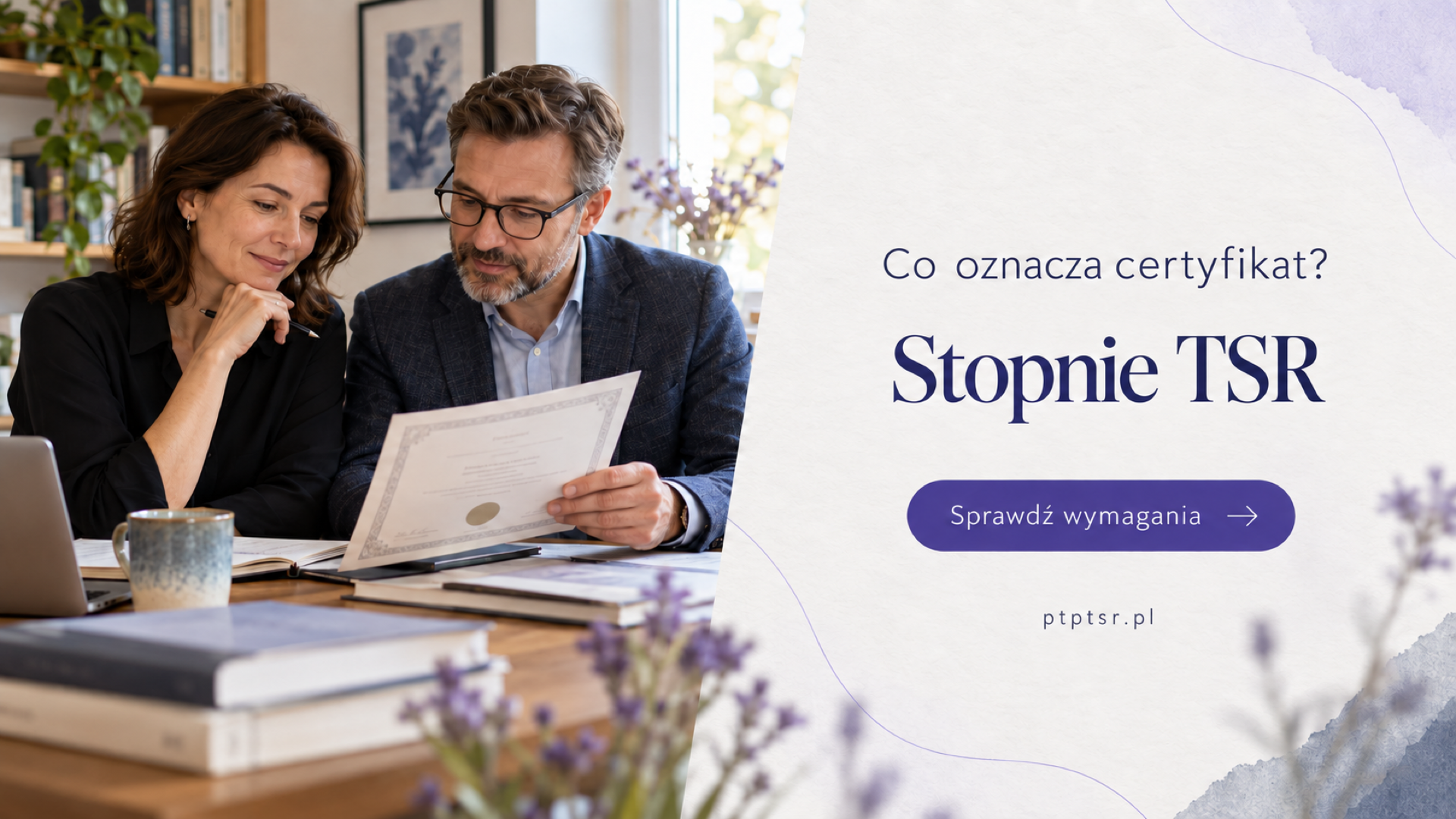 Dwoje specjalistów analizuje dokument certyfikacyjny w biurze; obok napis „Stopnie TSR”.